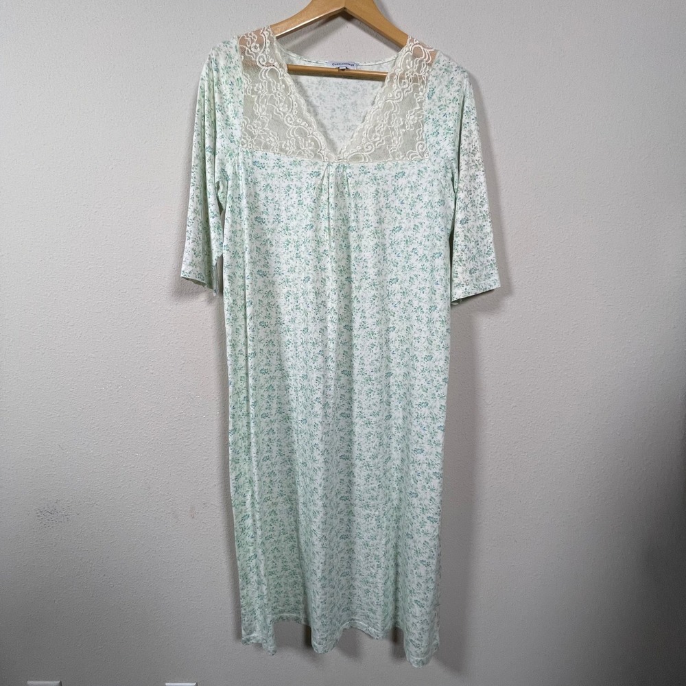 Cuddledown Nightgown Womens M Blue‎ Floral Pima Cotton Lace V-Neck Cottagecore